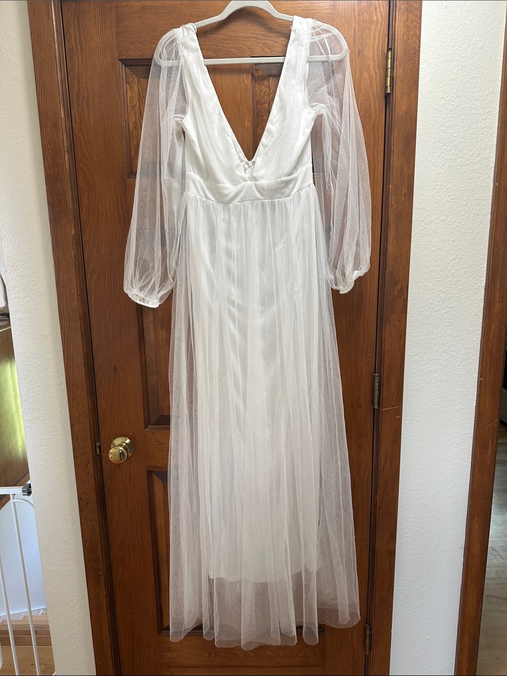 White Mesh Long-Sleeve V-Neck Maxi Dress